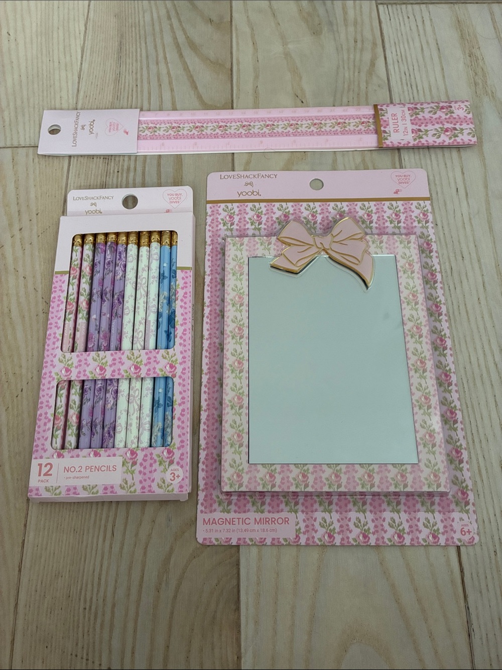 NWT Love Shack Fancy Pink Floral Magnetic Mirror, Pencils and Ruler